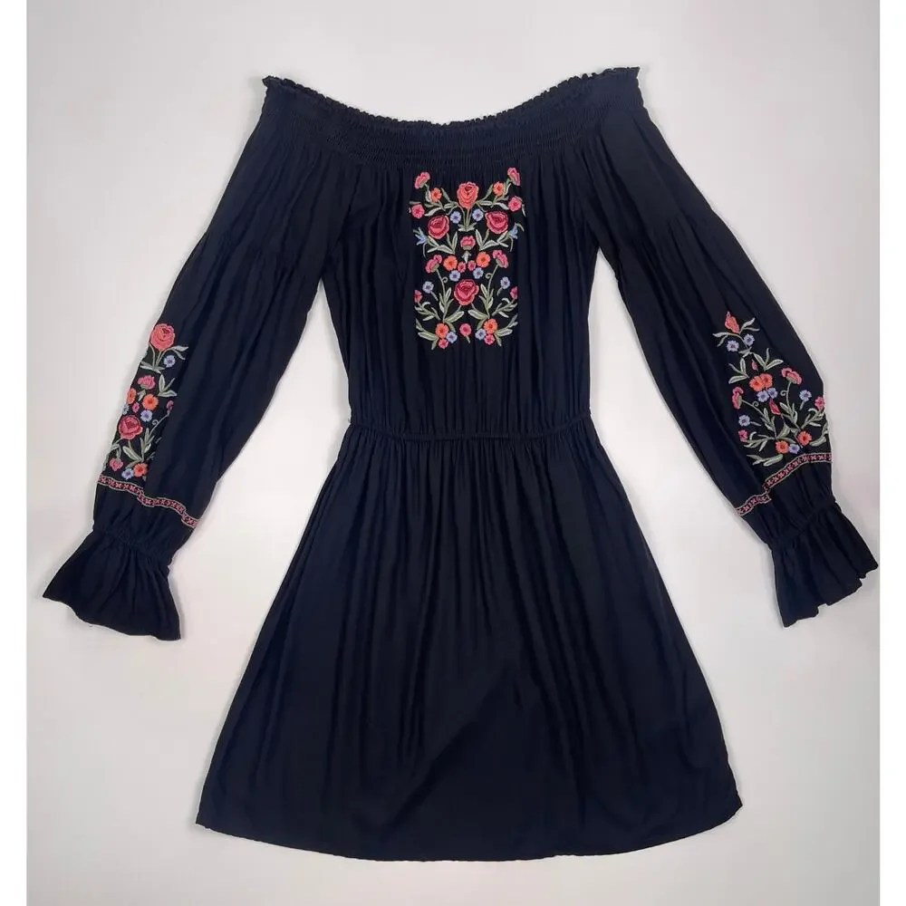Hollister Size XS Black Floral Embroidered Long‑Sleeve Babydoll Dress - Picture 7 of 13